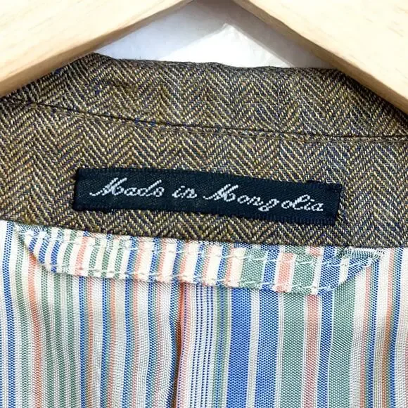 Ibiza Mens Blazer Size‎ 46L Tan Blue Herringbone 100% Linen 2 Button Sport Coat